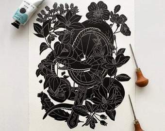 Snake with Mirror - Handmade Linocut Print