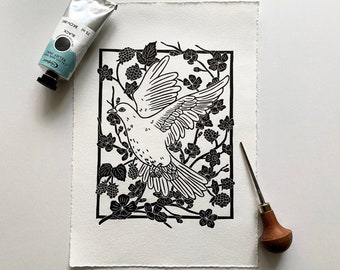 White Dove | Peace | Bird - Handmade Linocut Print