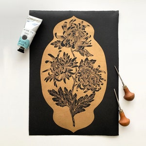 Chrysanthemum Gold | Japanese Flower | November Flower | Kikus - Linocut Print