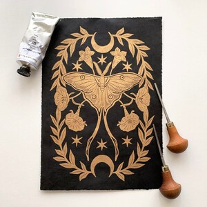 Luna Moth Black & Gold | Night Flowers | Moon - Handmade Linocut Print