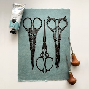 Antique Scissors | Light Blue Paper | Victorian | Embroidery - Handmade Linocut Print