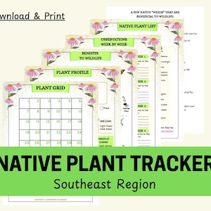 May include: A digital printable Native Plant Tracker for the Southeast Region featuring a plant grid, plant profile, benefits to wildlife, observations week by week, and a native plant list, all decorated with pink coneflower illustrations.