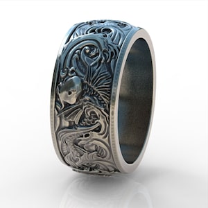 Koi Fish Carp and Waves Band Ring, Japanese Art Ornament Rings