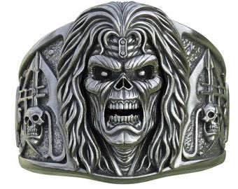 Handmade Iron Maiden Eddie Ring, Sterling Silver Skull Ring, Heavy Metal Biker Jewelry, Gothic Statement Ring for Men