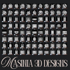 May include: A grid of 3D designs in various shapes and styles, including relief sculptures and decorative elements. The designs are in shades of gray and white, with intricate details. The text "MASINIA 3D DESIGNS" is at the bottom.