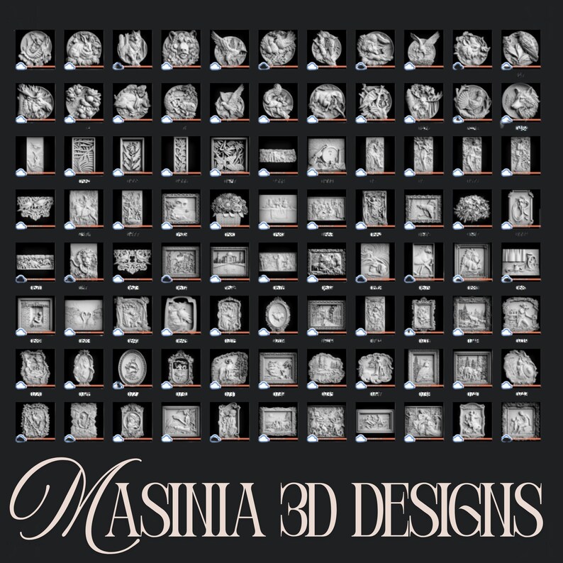 May include: A grid of 3D designs in various shapes and styles, including relief sculptures and decorative elements. The designs are in shades of gray and white, with intricate details. The text "MASINIA 3D DESIGNS" is at the bottom.