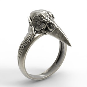 Raven Viking Bird Skull Ring With Flower figure animal Sterling silver 925 ring handmade animal biker