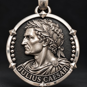 Puede incluir: Un colgante circular de plata con un perfil en relieve de Julio César con una corona de laurel. El diseño incluye un fondo oscuro texturizado, un borde con pequeños tachones y el texto JULIUS CAESAR inscrito en la parte inferior.
