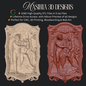 May include: Two decorative wall art panels with classical figures. One panel is beige, the other is reddish-brown. The panels have ornate frames and are suitable for CNC, 3D printing, woodworking, and wall art. The text on the image says "MASINIA 3D DESIGNS".