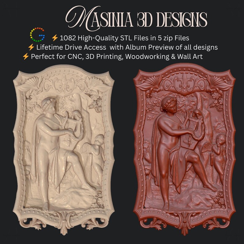 May include: Two decorative wall art panels with classical figures. One panel is beige, the other is reddish-brown. The panels have ornate frames and are suitable for CNC, 3D printing, woodworking, and wall art. The text on the image says "MASINIA 3D DESIGNS".