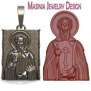 May include: A bronze-colored pendant with a religious figure, featuring a halo and a cross on the robe. The pendant is rectangular with a detailed border and a loop for a chain. The image also shows a 3D model of the same figure.