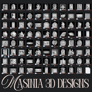 May include: A grid of 3D designs in various shapes and sizes, displayed against a dark background. The designs are primarily white or light gray, showcasing detailed relief sculptures. The text "MASINIA 3D DESIGNS" is at the bottom.