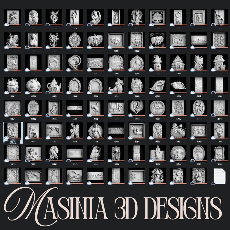 May include: A grid of 3D designs in various shapes and sizes, displayed against a dark background. The designs are primarily white or light gray, showcasing detailed relief sculptures. The text "MASINIA 3D DESIGNS" is at the bottom.