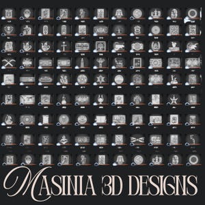May include: A grid of small, grayscale images featuring various 3D designs. The designs include religious symbols, geometric patterns, and decorative objects. The text "MASINIA 3D DESIGNS" is displayed in a cursive font at the bottom of the image.