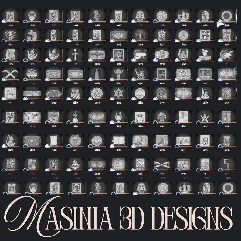 May include: A grid of small, grayscale images featuring various 3D designs. The designs include religious symbols, geometric patterns, and decorative objects. The text "MASINIA 3D DESIGNS" is displayed in a cursive font at the bottom of the image.