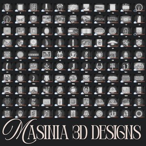 May include: A grid of 3D designs in various shapes and styles, displayed in individual black frames. The designs are primarily grayscale and include a variety of objects, symbols, and text. The text "MASINIA 3D DESIGNS" is displayed in a cursive font at the bottom.