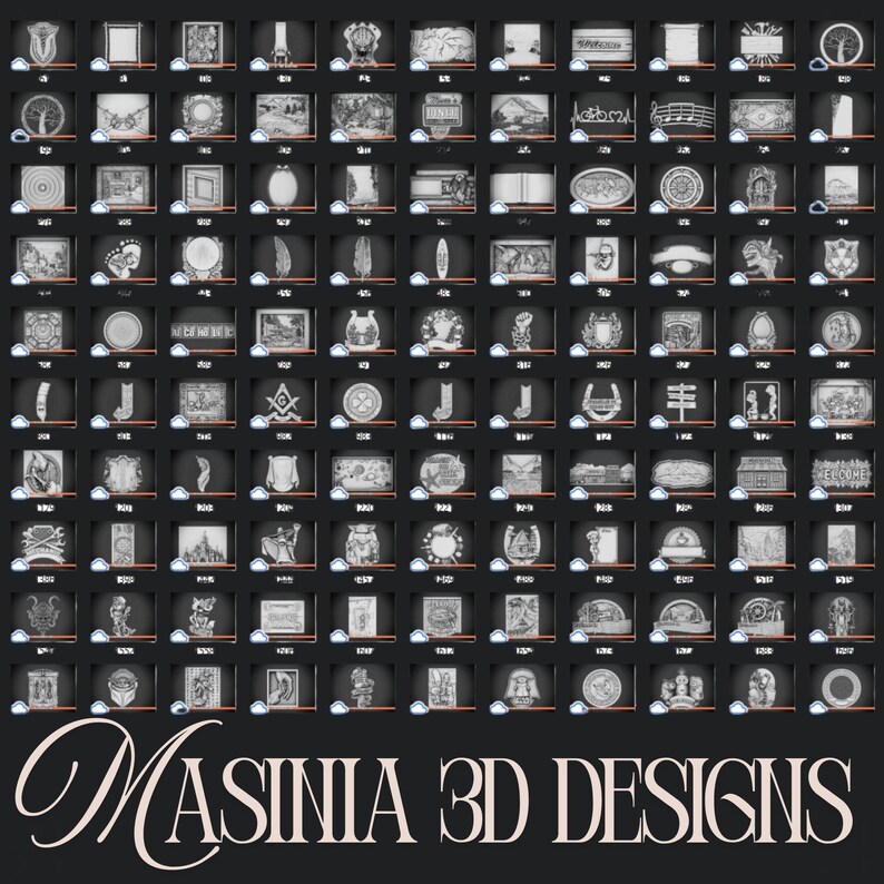 May include: A grid of 3D designs in various shapes and styles, displayed in individual black frames. The designs are primarily grayscale and include a variety of objects, symbols, and text. The text "MASINIA 3D DESIGNS" is displayed in a cursive font at the bottom.