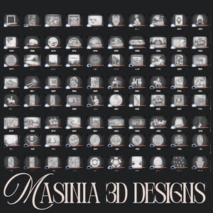 May include: A grid of 3D designs, each displayed in a small, square frame. The designs are monochrome and feature various artistic renderings, including sculptures, architectural elements, and historical scenes. The text "MASINIA 3D DESIGNS" is at the bottom.