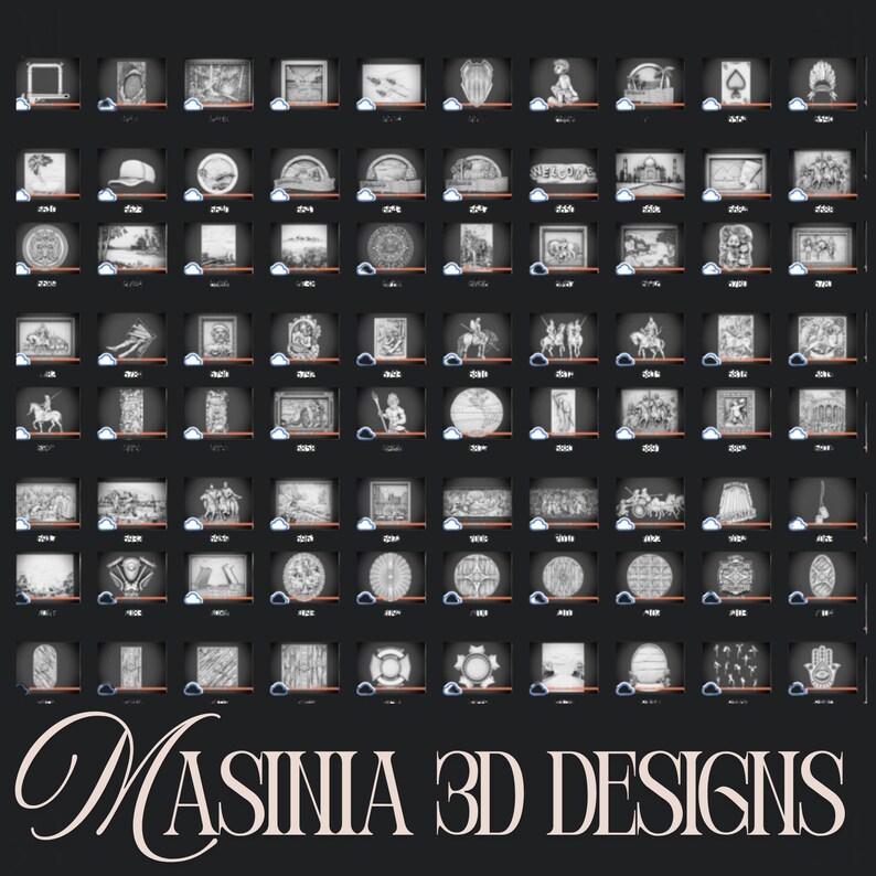 May include: A grid of 3D designs, each displayed in a small, square frame. The designs are monochrome and feature various artistic renderings, including sculptures, architectural elements, and historical scenes. The text "MASINIA 3D DESIGNS" is at the bottom.