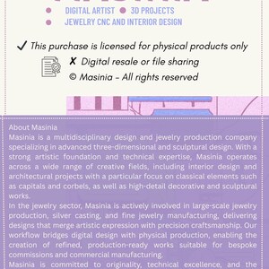 May include: A promotional graphic for Masinia, a design and jewelry production company. The image features the company name in large, purple letters, along with details about their services, including digital art, 3D projects, and jewelry design.