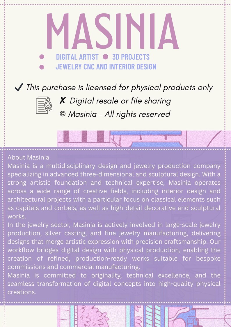 May include: A promotional graphic for Masinia, a design and jewelry production company. The image features the company name in large, purple letters, along with details about their services, including digital art, 3D projects, and jewelry design.