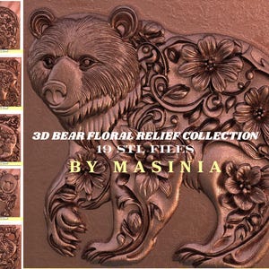 Könnte beinhalten: Ein braunes 3D-Bärenreliefdesign mit floralen Akzenten. Das Bild enthält den Text "3D BEAR FLORAL RELIEF COLLECTION 19 STL FILES BY MASINIA". Der Bär ist aufwendig mit Blumen und Blättern detailliert.