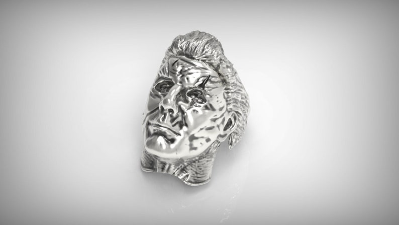 May include: A silver-colored metal sculpture of a man's head with a detailed face and hair.