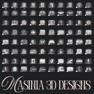 May include: A collection of 3D designs displayed on a dark background. The designs include various images such as trees, frames, and abstract shapes. The text "Love Love Love" is visible, along with the brand name "MASINIA 3D DESIGNS".