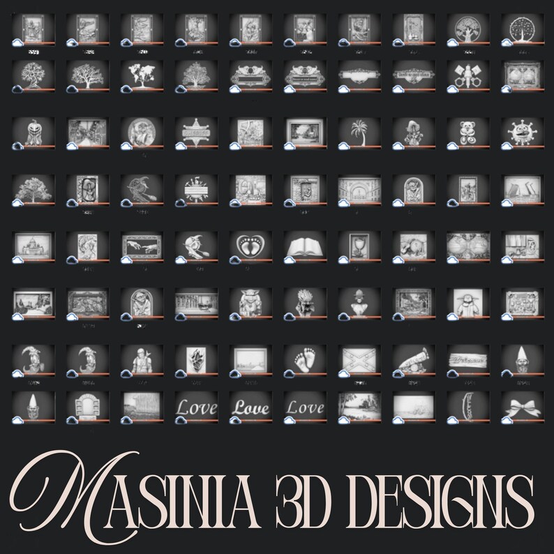 May include: A collection of 3D designs displayed on a dark background. The designs include various images such as trees, frames, and abstract shapes. The text "Love Love Love" is visible, along with the brand name "MASINIA 3D DESIGNS".