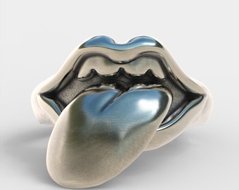 Silver handcrafted rolling stones ring mouth with tongue 925 sterling silver