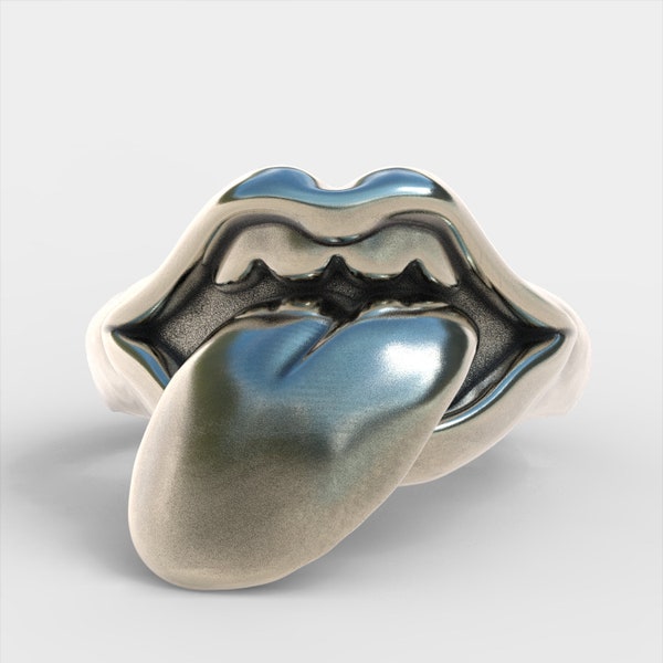 Silver handcrafted rolling stones ring mouth with tongue 925 sterling silver