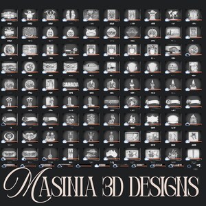 May include: A grid of black and white 3D designs, each displayed in a small square. The designs include various objects, figures, and text, with the text "CANADA" visible in one square. The bottom of the image displays the text "MASINIA 3D DESIGNS" in a cursive font.