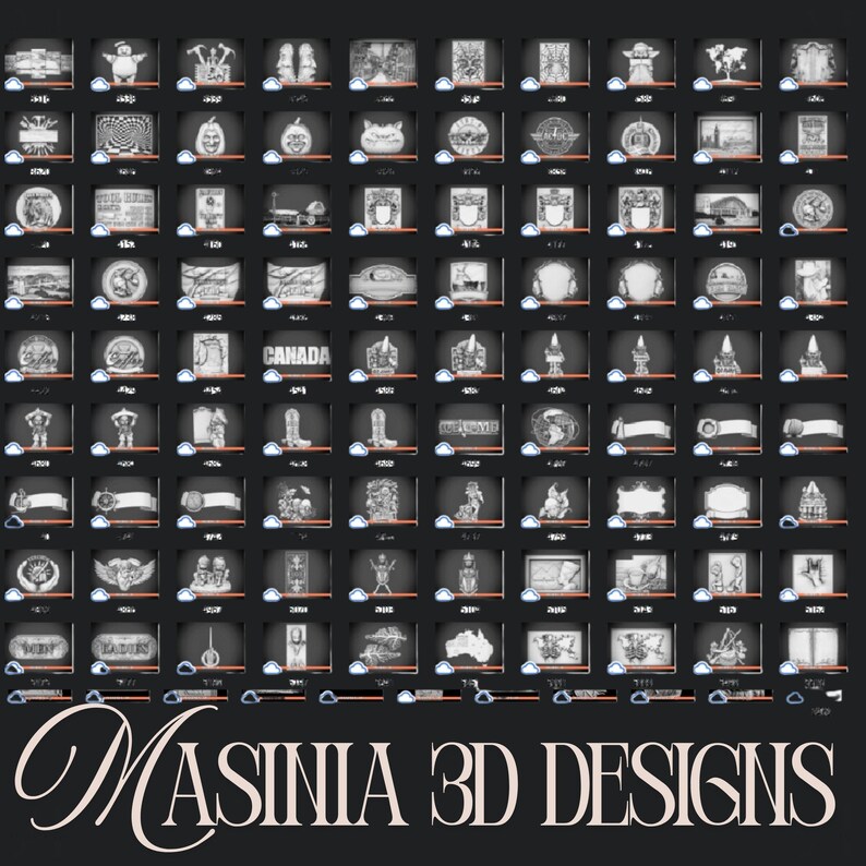 May include: A grid of black and white 3D designs, each displayed in a small square. The designs include various objects, figures, and text, with the text "CANADA" visible in one square. The bottom of the image displays the text "MASINIA 3D DESIGNS" in a cursive font.