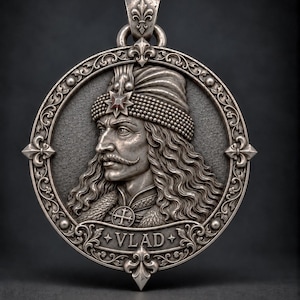 Pode incluir: Um pingente circular de metal prateado com um retrato em relevo de um homem com cabelos longos e ondulados, bigode e um turbante texturizado com um emblema de estrela. A borda é decorada com motivos de flor-de-lis e o nome VLAD gravado.
