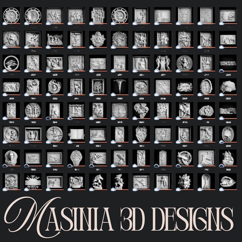 May include: A grid of 3D designs in a variety of shapes and styles, each in a square frame. The designs are in shades of gray and white, with intricate details. The text "MASINIA 3D DESIGNS" is at the bottom.