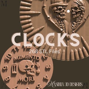 Könnte beinhalten: Ein Holzuhrendesign mit Totenkopf-Motiv. Das Wort "CLOCKS" wird in großen Buchstaben angezeigt, darunter "268 STL Files". Das Zifferblatt zeigt römische Ziffern, einen Totenkopf und die Worte "Memento Mori". Das Design umfasst kugelförmige Elemente.