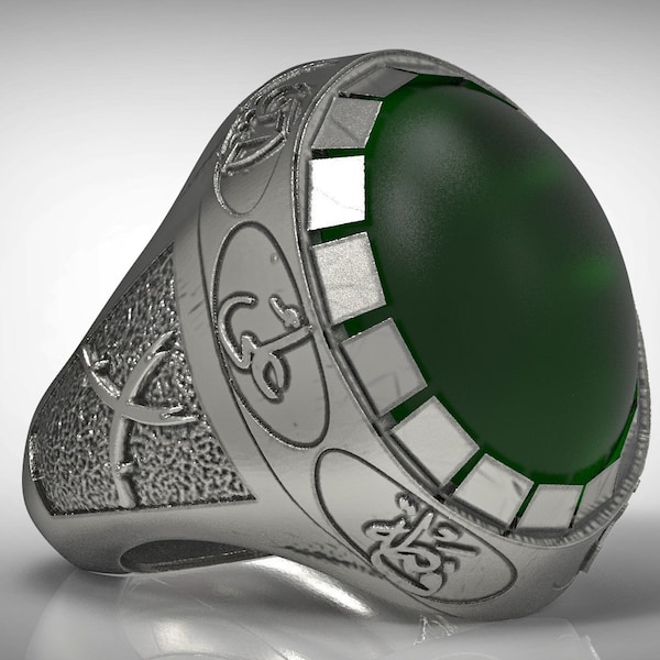 Men shia islamic ring natural green carnelian agate aqeeq akik sterling silver 925 arabian yemeni agate ahlulbayt ehlibeyt ya hossein