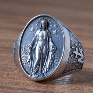 Sterling Silber Jungfrau Maria Silberring, Jesus Medaille, Mutter Maria Dame der Wunder