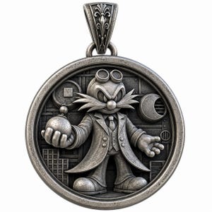 May include: A circular silver-toned pendant featuring a relief sculpture of a cartoon character with a large mustache, goggles, and a coat, holding a spherical object. The background has a geometric grid pattern and a crescent shape, with a decorative bail.