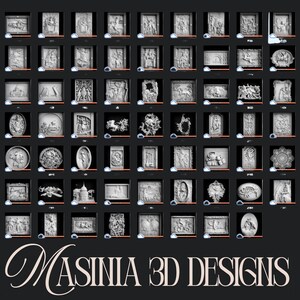 May include: A grid of 3D designs, each in a dark frame, showcasing various relief sculptures. The designs include classical figures, ornate frames, and decorative elements. The text "MASINIA 3D DESIGNS" is displayed in a cursive font at the bottom.