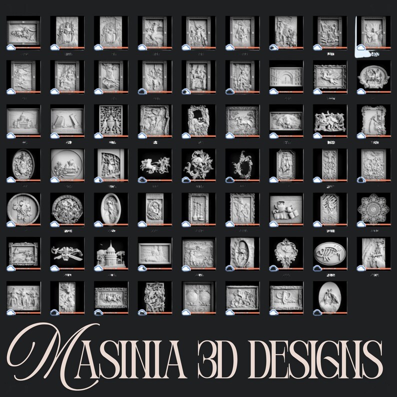 May include: A grid of 3D designs, each in a dark frame, showcasing various relief sculptures. The designs include classical figures, ornate frames, and decorative elements. The text "MASINIA 3D DESIGNS" is displayed in a cursive font at the bottom.