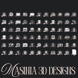 May include: A collection of 3D designs displayed in a grid, each within a small, dark frame. The designs are in grayscale and feature various images, including a bear claw, a map, and a skull. The text "MASINIA 3D DESIGNS" is at the bottom.