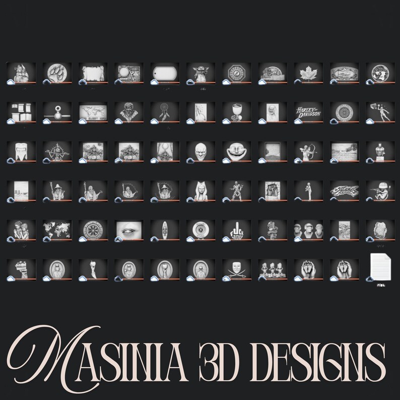 May include: A collection of 3D designs displayed in a grid, each within a small, dark frame. The designs are in grayscale and feature various images, including a bear claw, a map, and a skull. The text "MASINIA 3D DESIGNS" is at the bottom.