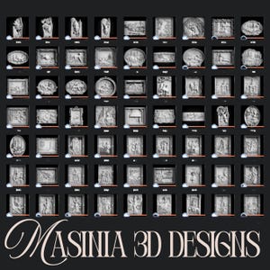 May include: A grid of 3D designs, each displayed in a small, dark frame. The designs are primarily bas-relief sculptures, depicting various scenes and figures. The text "MASINIA 3D DESIGNS" is at the bottom in an elegant script.