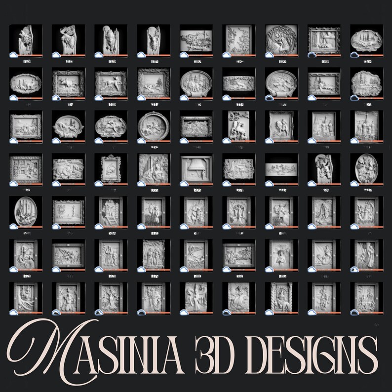 May include: A grid of 3D designs, each displayed in a small, dark frame. The designs are primarily bas-relief sculptures, depicting various scenes and figures. The text "MASINIA 3D DESIGNS" is at the bottom in an elegant script.