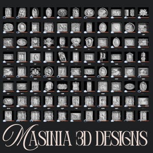May include: A grid of 3D designs in various shapes and sizes, including oval, rectangular, and circular forms. The designs are in a neutral color and feature relief sculptures. The text "MASINIA 3D DESIGNS" is at the bottom.