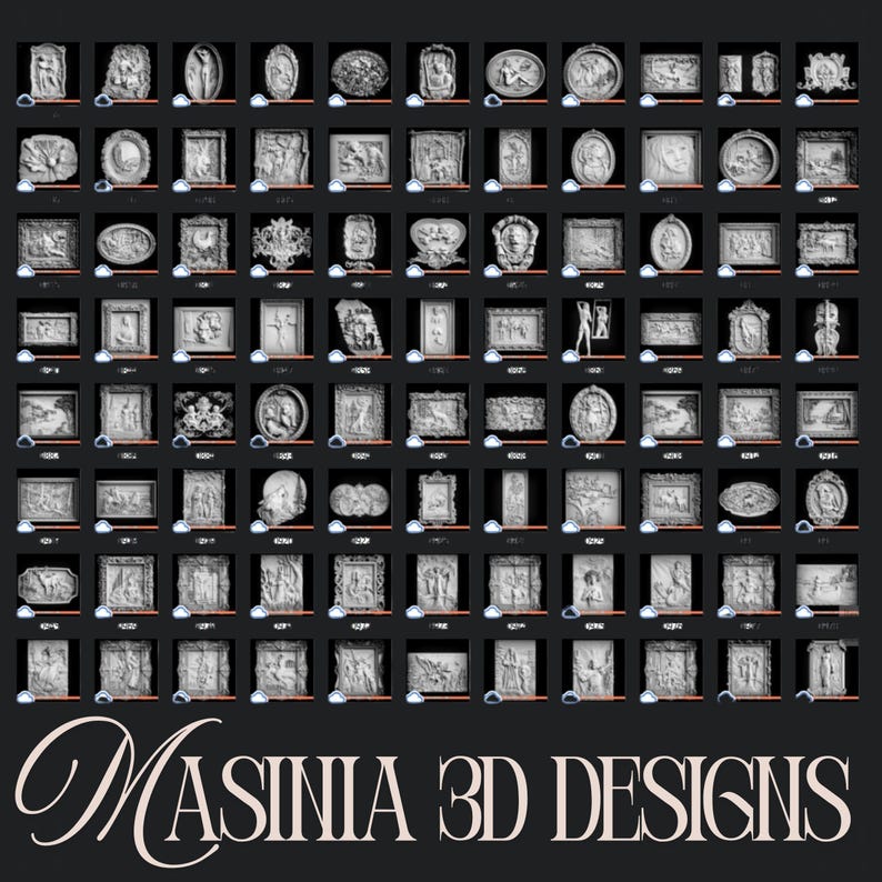May include: A grid of 3D designs in various shapes and sizes, including oval, rectangular, and circular forms. The designs are in a neutral color and feature relief sculptures. The text "MASINIA 3D DESIGNS" is at the bottom.