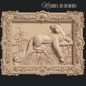 May include: A beige 3D relief carving of a resting leopard on a branch, set within an ornate floral and scrollwork frame. The background depicts a landscape with trees and grass. The text "MASINIA 3D DESIGNS" is at the top.