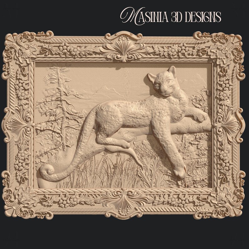 May include: A beige 3D relief carving of a resting leopard on a branch, set within an ornate floral and scrollwork frame. The background depicts a landscape with trees and grass. The text "MASINIA 3D DESIGNS" is at the top.