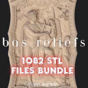 May include: A cream-colored bas-relief sculpture featuring classical figures, with the text "bas-reliefs" and "1082 STL FILES BUNDLE". The sculpture has a detailed design and is framed by an ornate border. The bottom of the image has the text "MASINIA 3D DESIGNS".